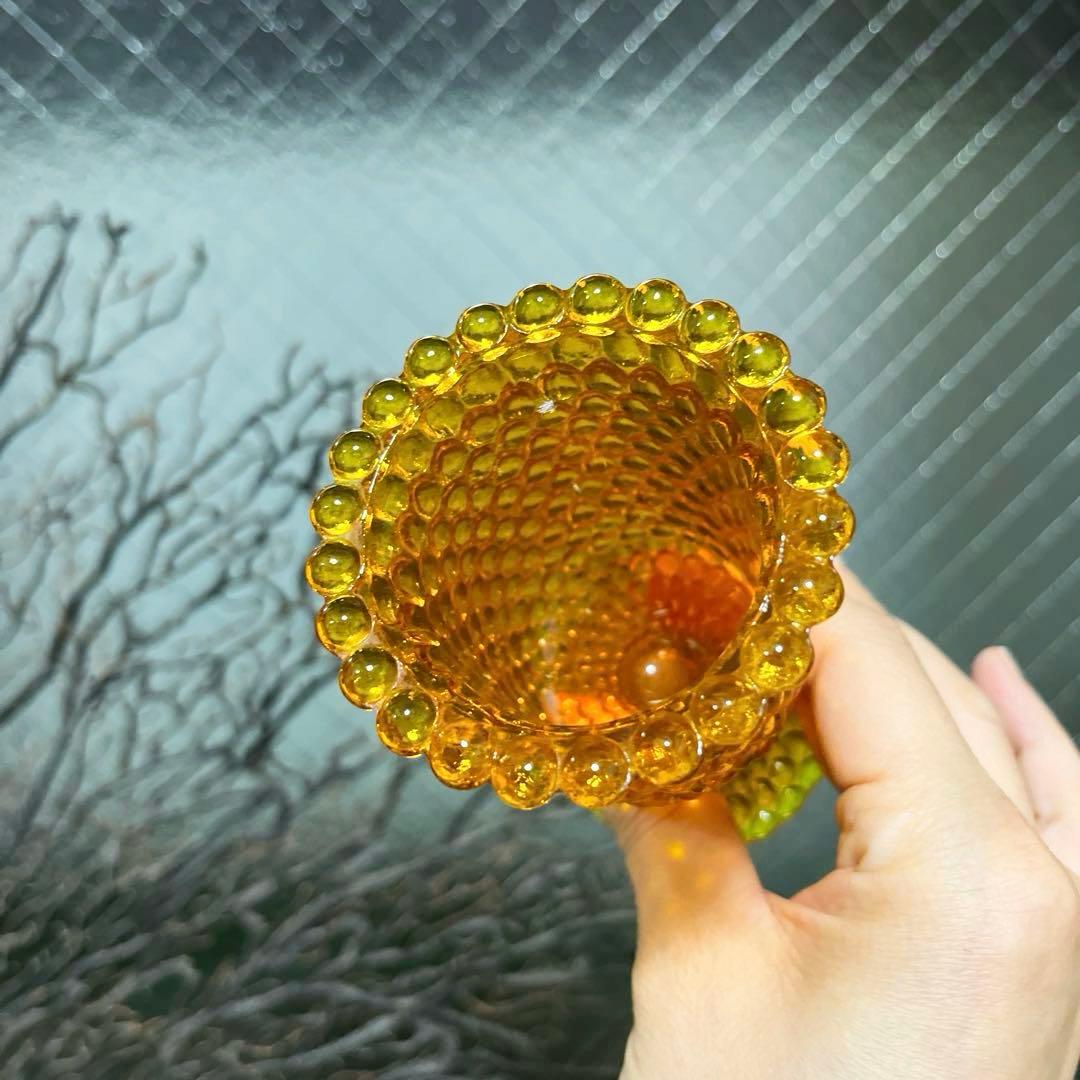 骨董　時代ガラス　希少　橙色　黄色暈し　霰プレス　あられ　氷コップ　ウラン １客