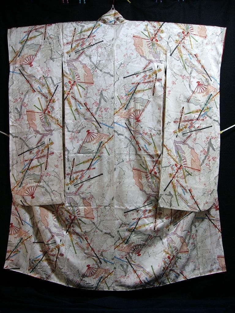 か*ん様 白地扇面元禄梅華柄 絹 身丈約163㎝強裄約67㎝弱未使用超美品並激安