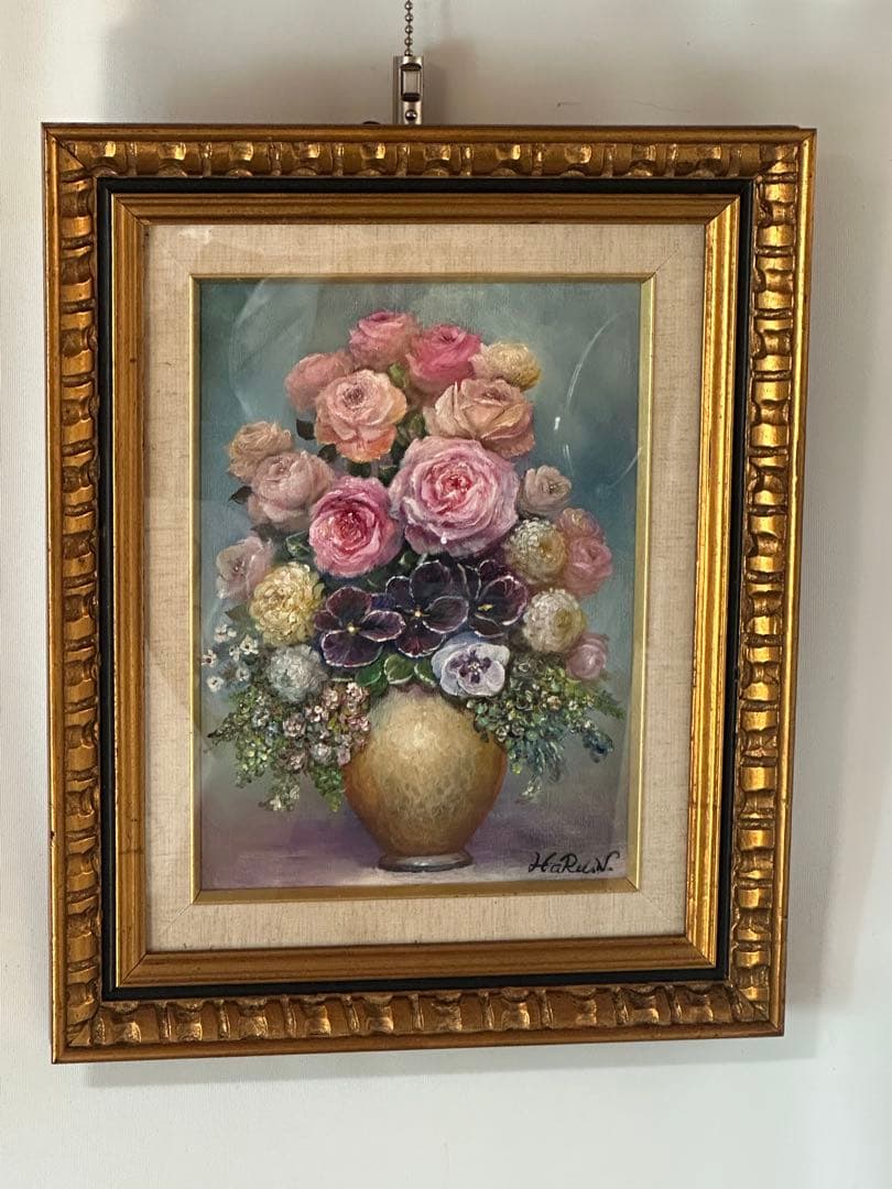 薔薇　作家作品　油彩　静物画　肉筆　絵画　美術品　インテリア　豪華額縁