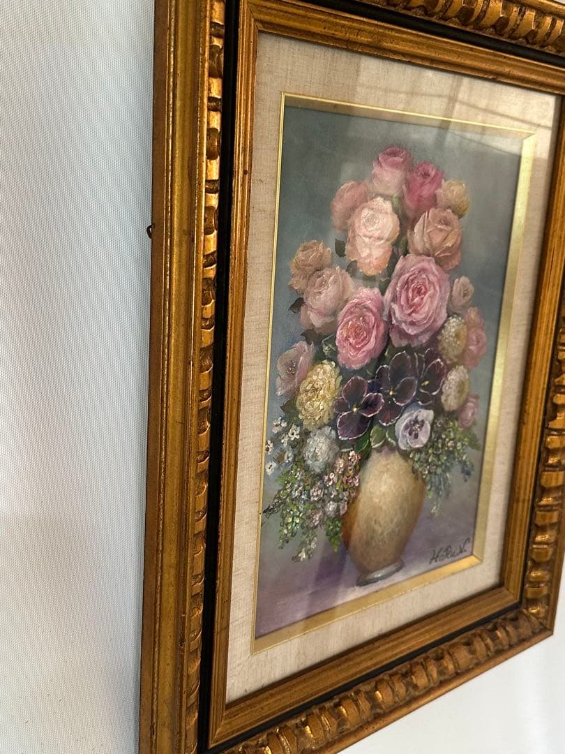 薔薇　作家作品　油彩　静物画　肉筆　絵画　美術品　インテリア　豪華額縁