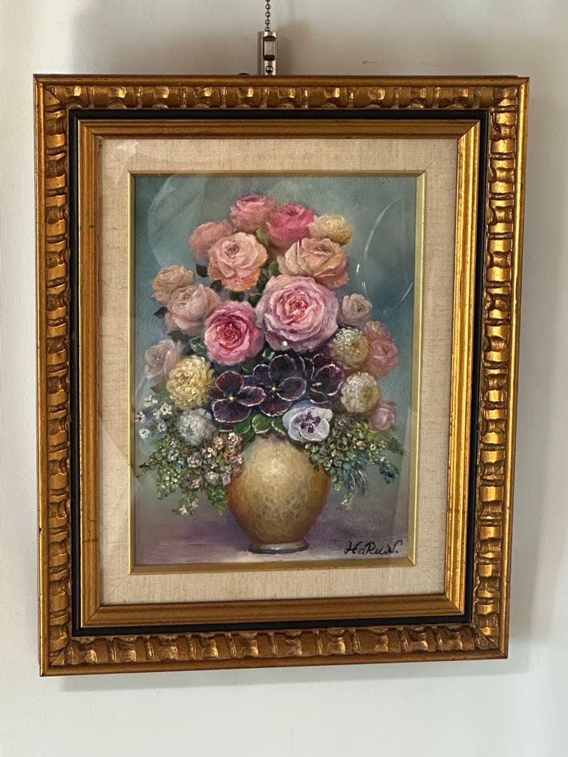 薔薇　作家作品　油彩　静物画　肉筆　絵画　美術品　インテリア　豪華額縁