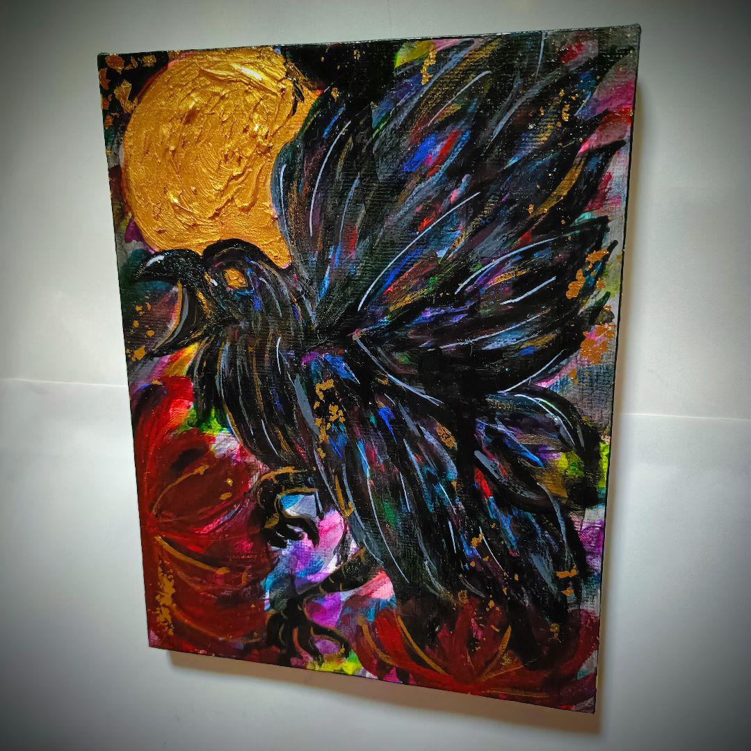 【一点物アート/F0号】八咫烏と月【現代アート/アクリル画/絵画】