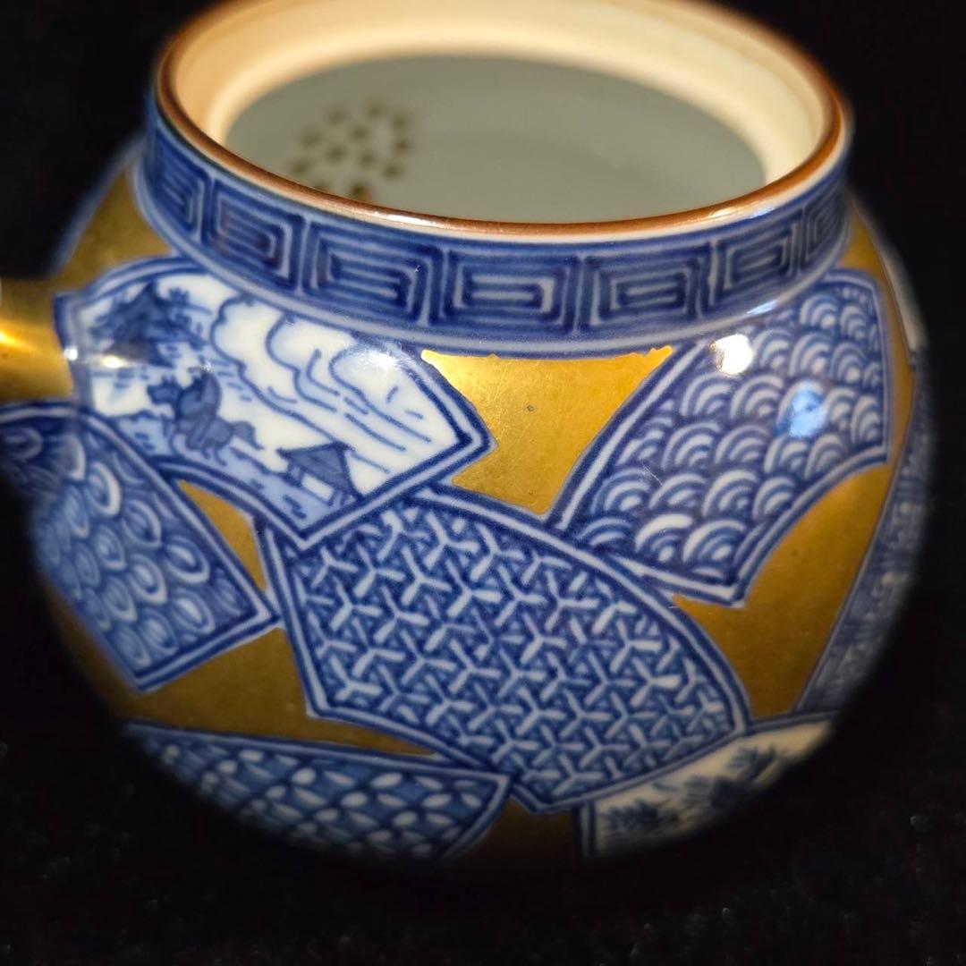 平安　清昌造　急須　共箱　急須　煎茶　宝瓶　京焼　陶器製 金地染付扇面図