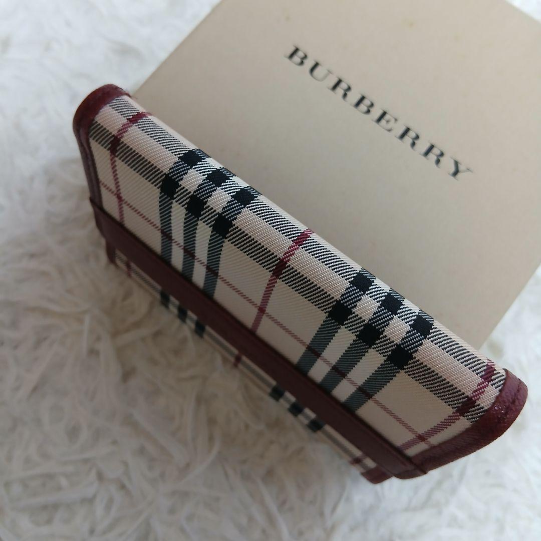 【美品】【BURBERRY】ノバチェック　３つ折り財布　ベージュ　ボルドー