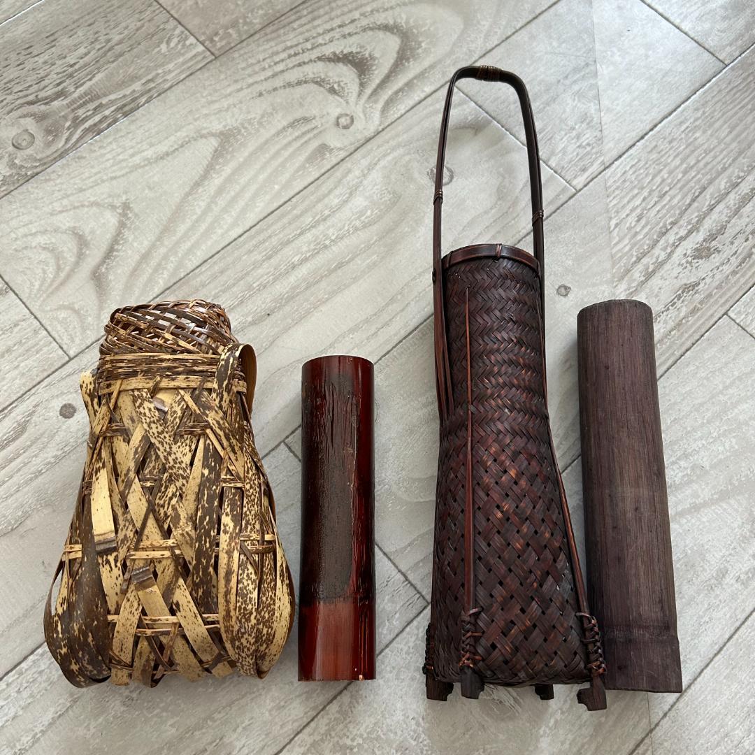 掛花入 竹編 /　手付　角網　花入　染竹：2個まとめセット　昭和レトロ　時代物