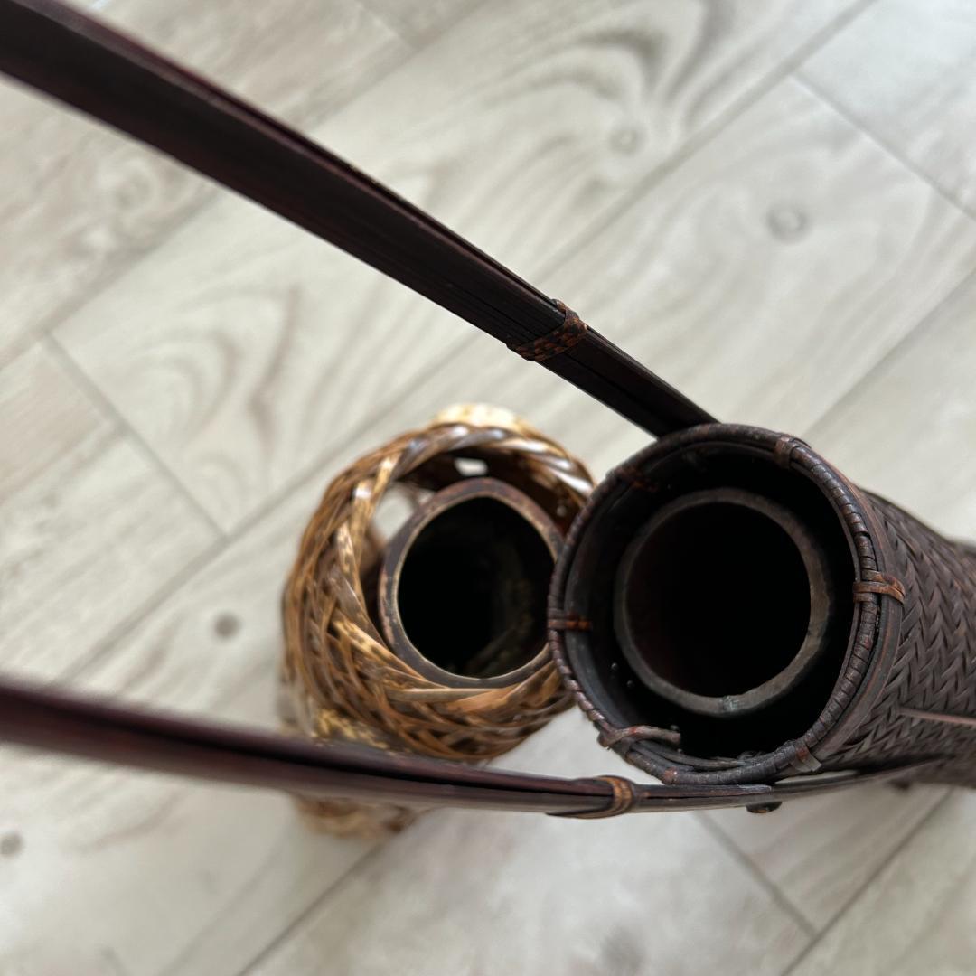 掛花入 竹編 /　手付　角網　花入　染竹：2個まとめセット　昭和レトロ　時代物