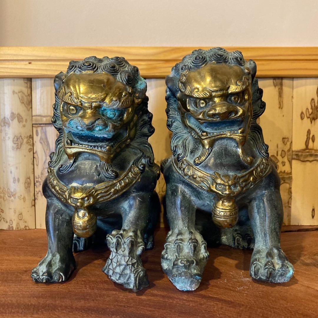 シーサー 獅子 狛犬 置物 骨董 真鍮 金属合金 縁起物 工芸