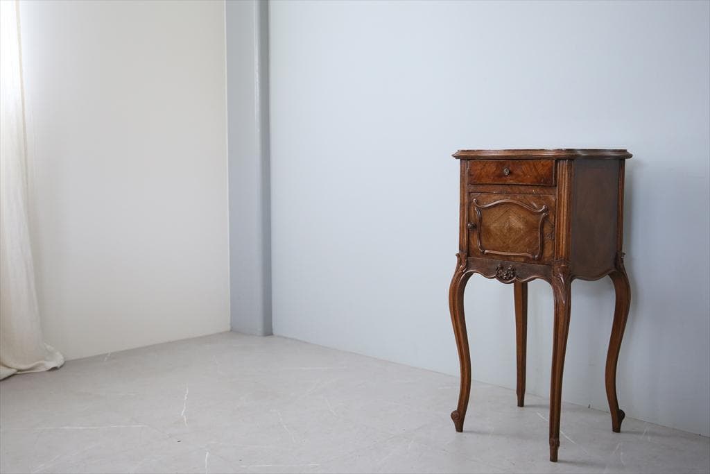 フランスアンティーク木製*大理石キャビネット/ナイトテーブル机(90-35-2)