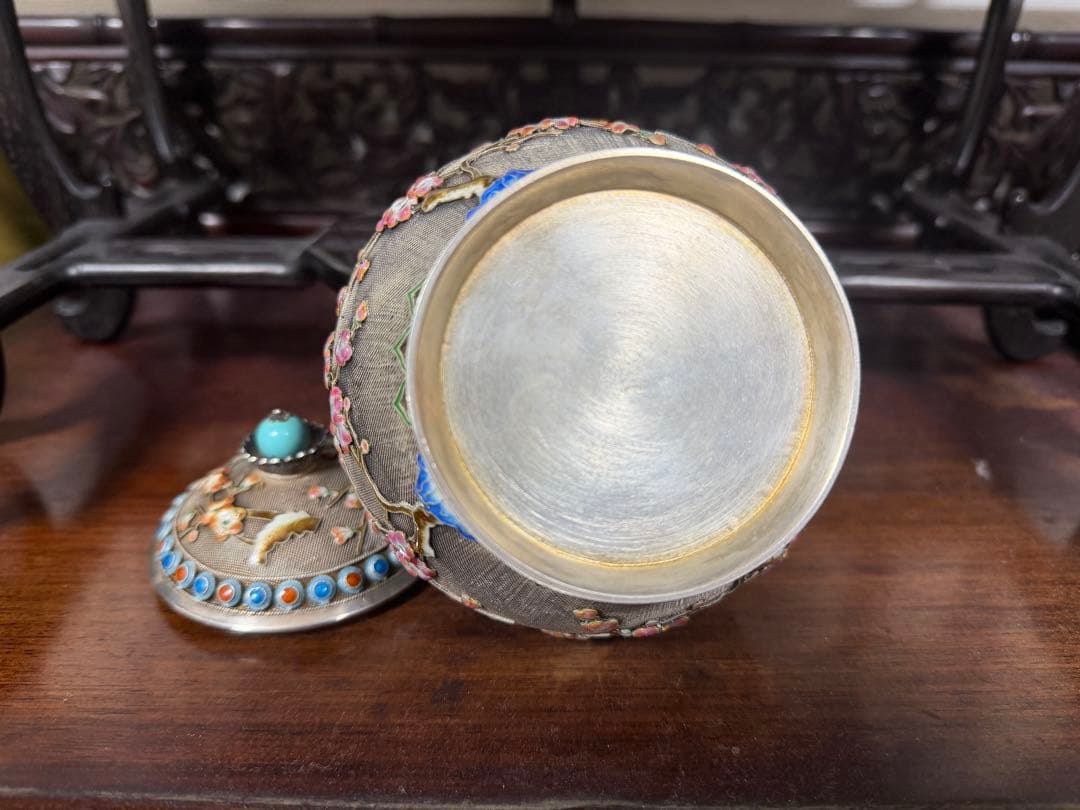 七宝焼 Sliver925 銀製 珊瑚 茶道具 置物 中国美術 465.5g