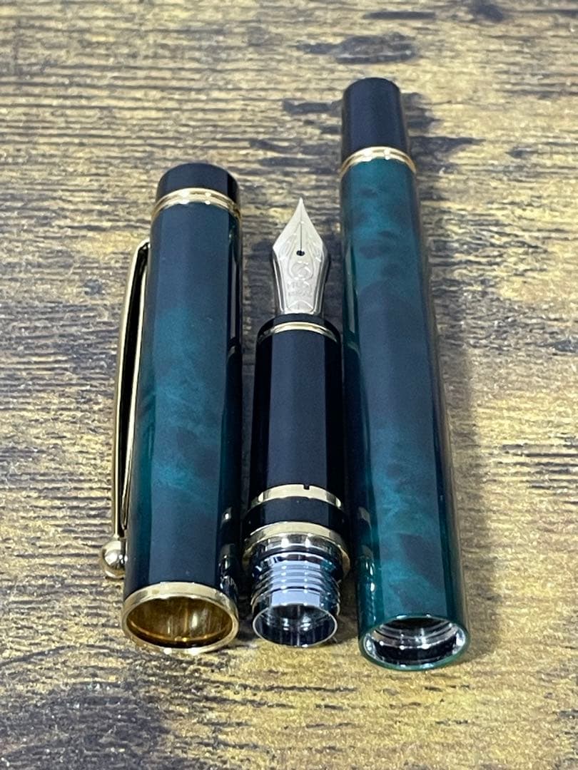 試筆のみ　1995年製　旧型　グランセ　14金　細字　グリーン　マーブル　万年筆