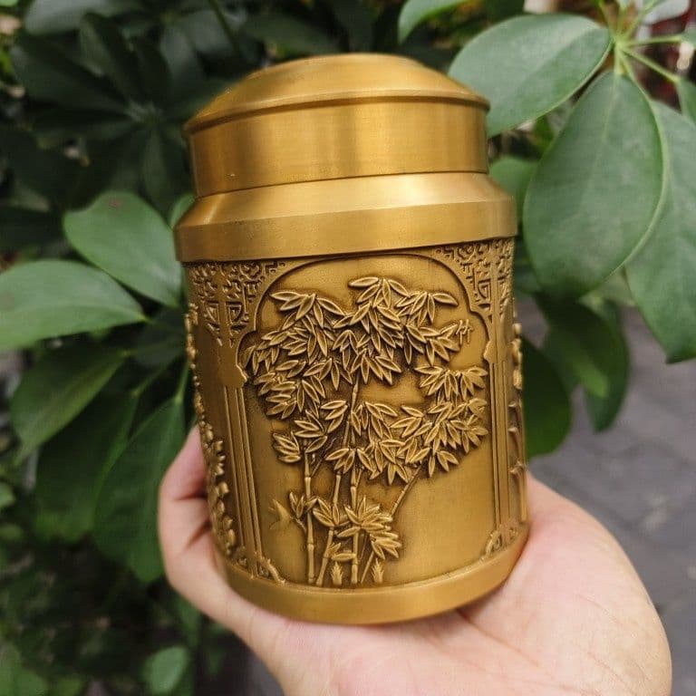 銅 細工 梅蘭竹菊茶缶 密封貯蔵缶 茶道工芸品 置物