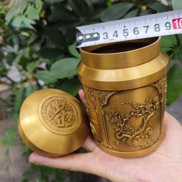 銅 細工 梅蘭竹菊茶缶 密封貯蔵缶 茶道工芸品 置物