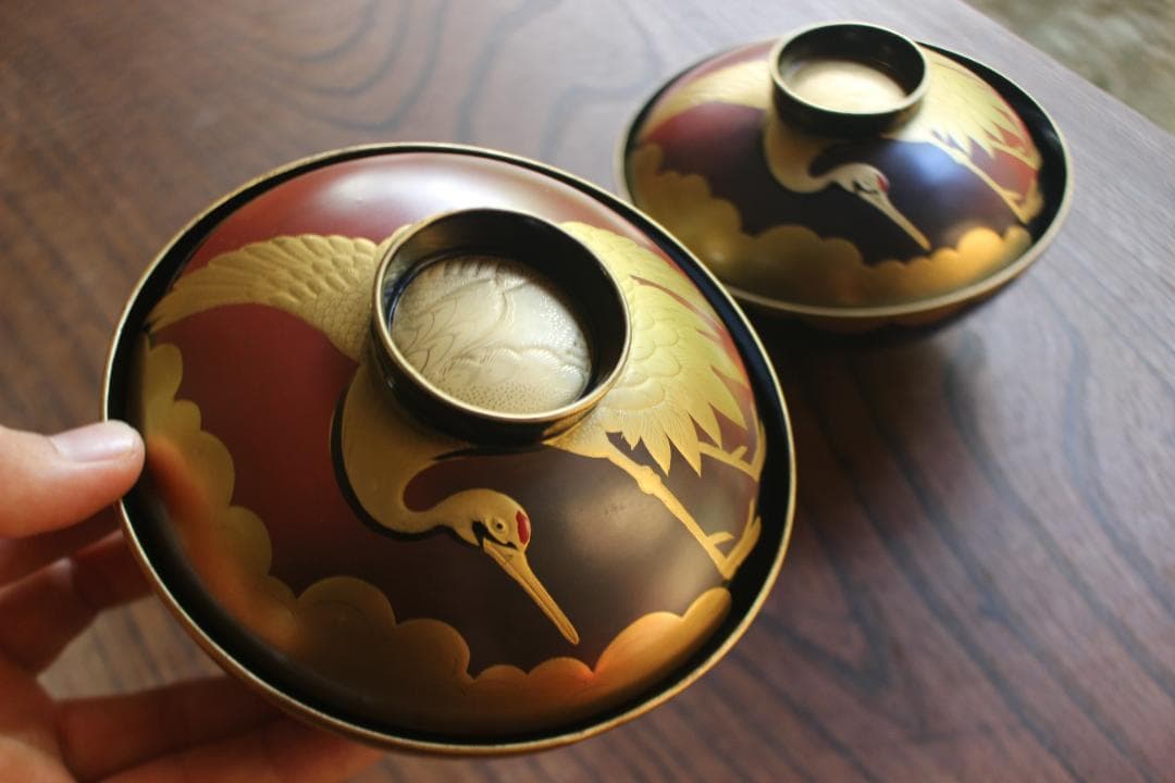 時代逸品！時代金縁黒漆に極上日の出鶴蒔絵の映えるお椀2点（検輪島塗蒔絵椀雑煮椀