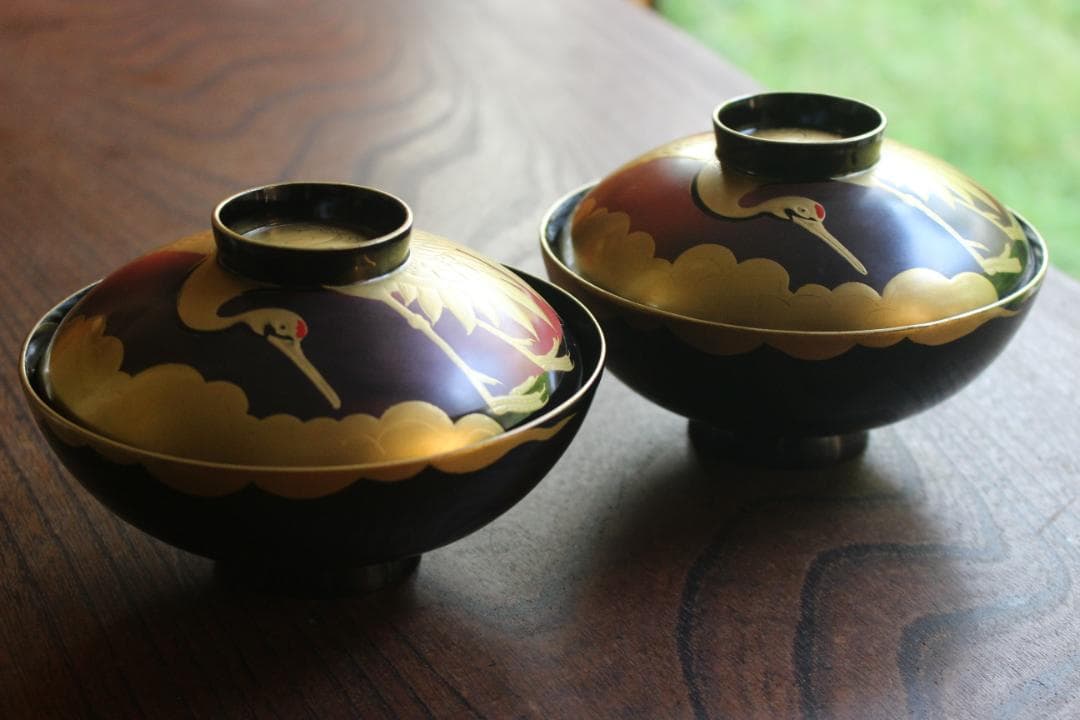 時代逸品！時代金縁黒漆に極上日の出鶴蒔絵の映えるお椀2点（検輪島塗蒔絵椀雑煮椀