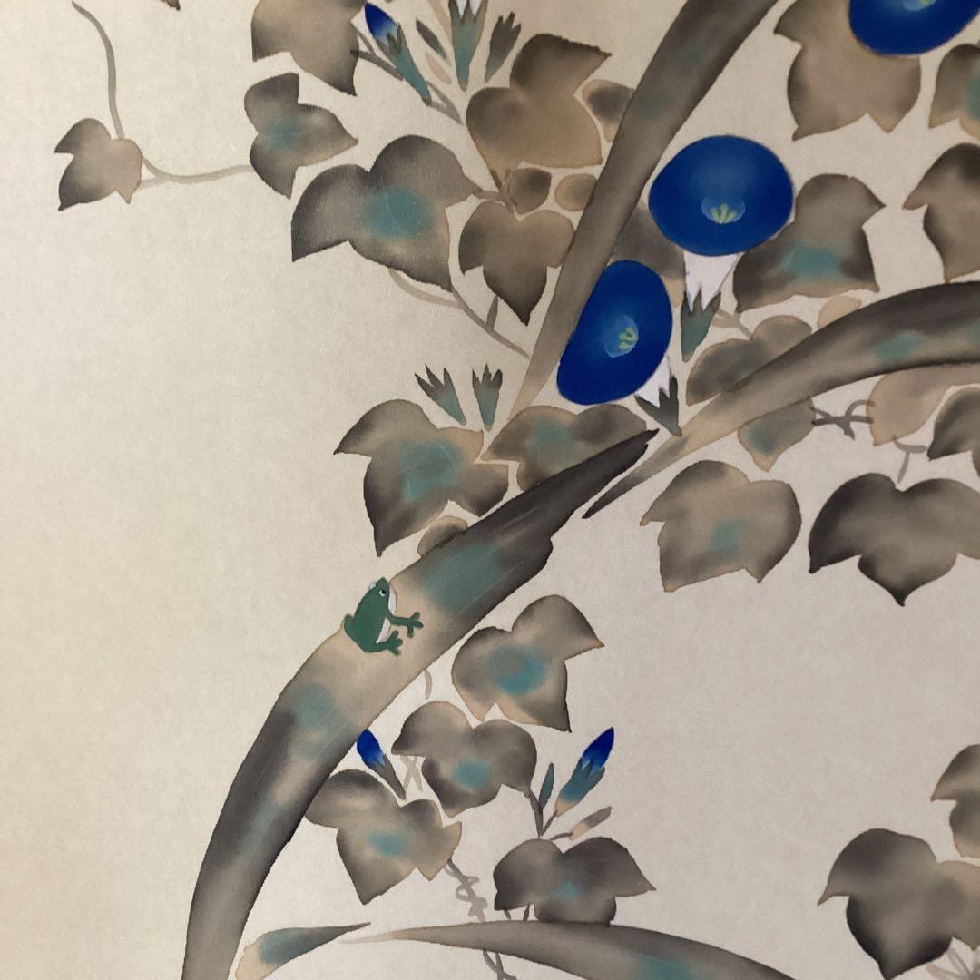 池田桂月筆　酒井抱一写　【　7月 玉蜀黍朝顔に青蛙図　】絹本掛軸一幅　　457