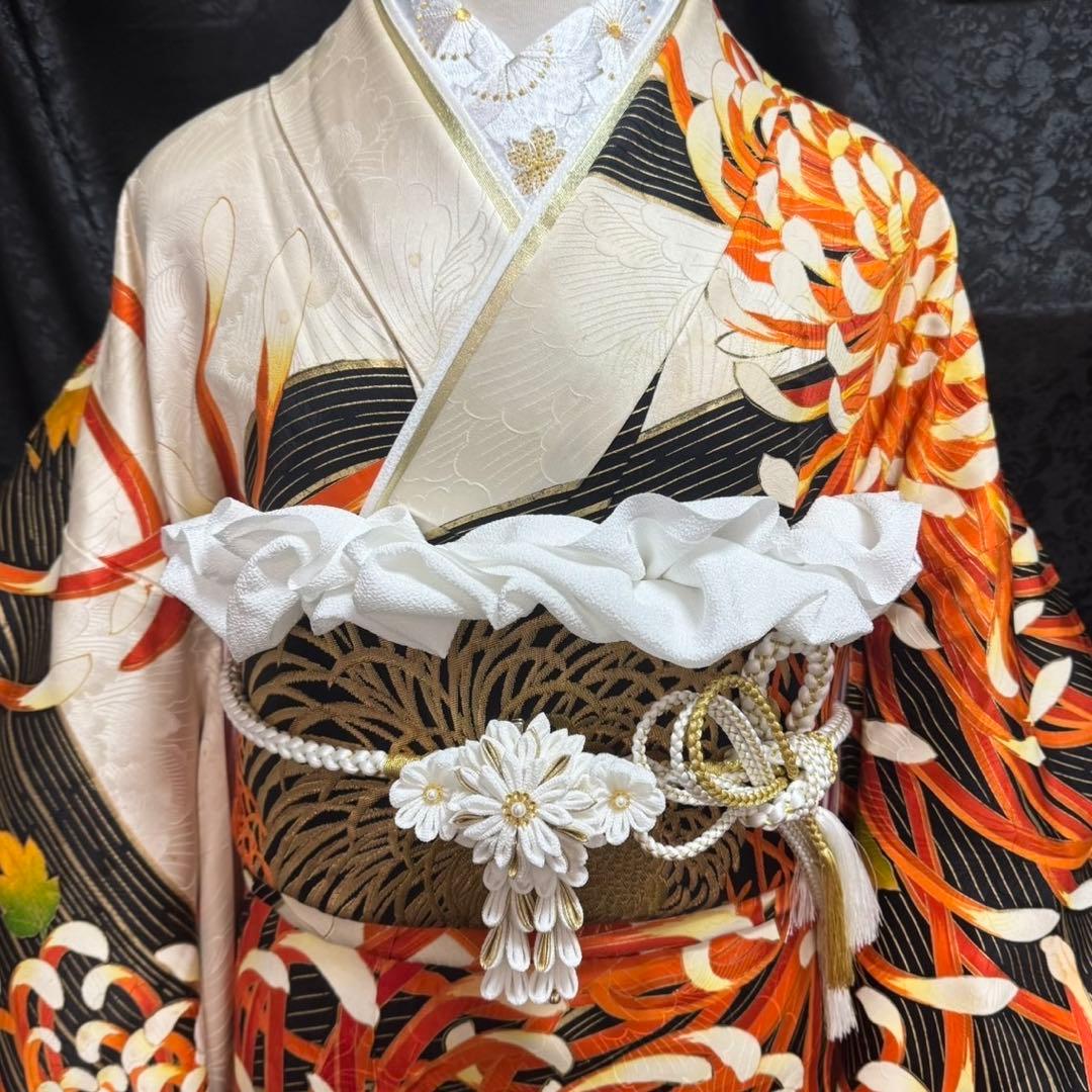 乱菊　大柄　地紋　金駒刺繍　金彩　フルセット　振袖　振り袖