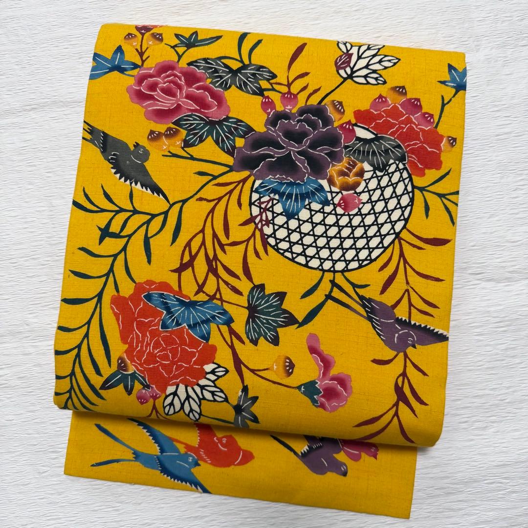 m-45 本場琉球紅型 鳥 花 名古屋帯 正絹 未使用