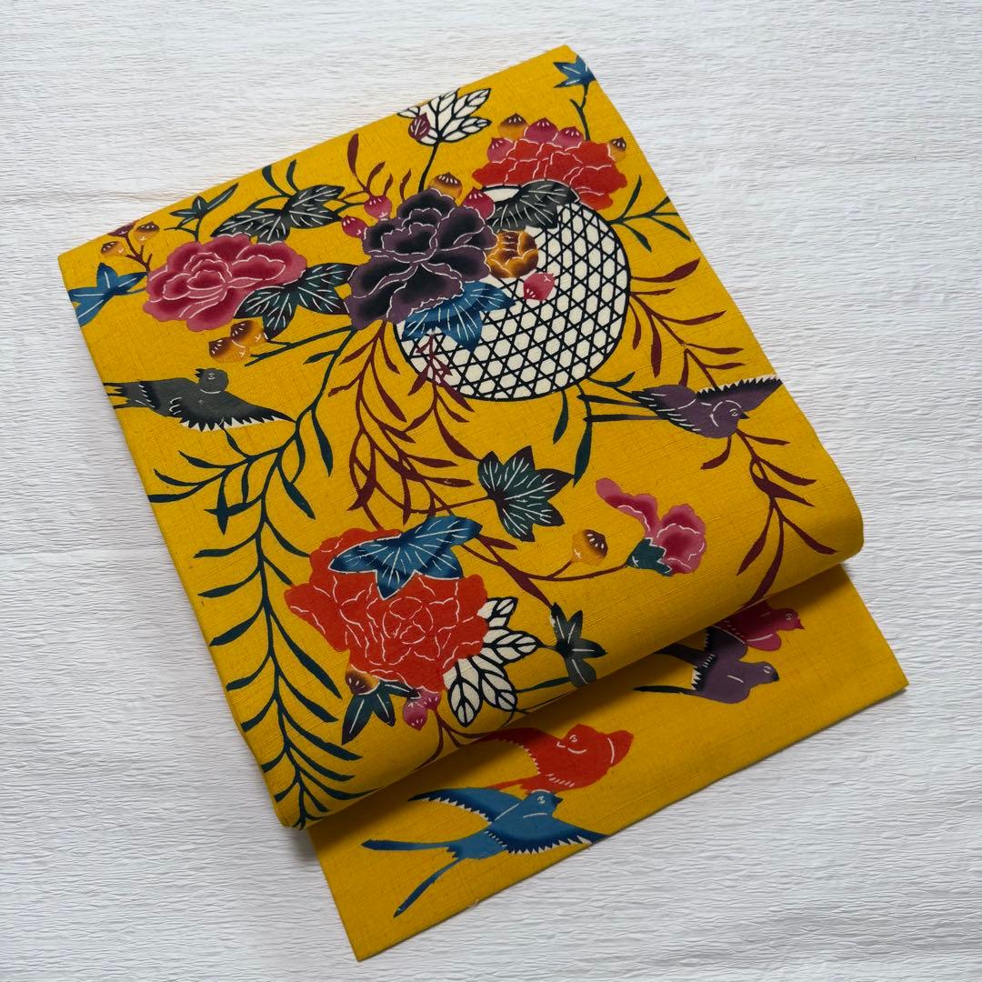 m-45 本場琉球紅型 鳥 花 名古屋帯 正絹 未使用