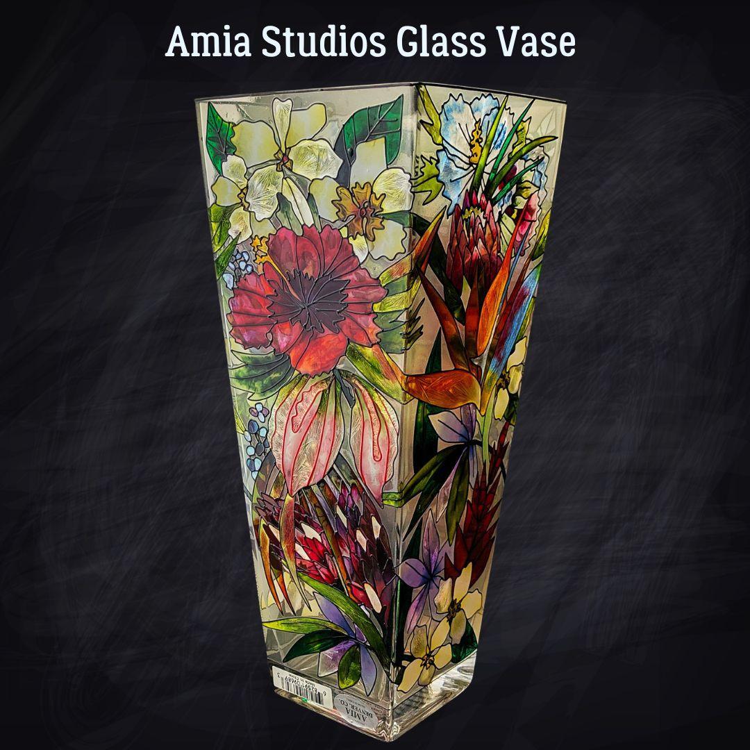 廃盤Amia製 手描き花柄ガラス花瓶 ステンドグラス風 明るいインテリアに