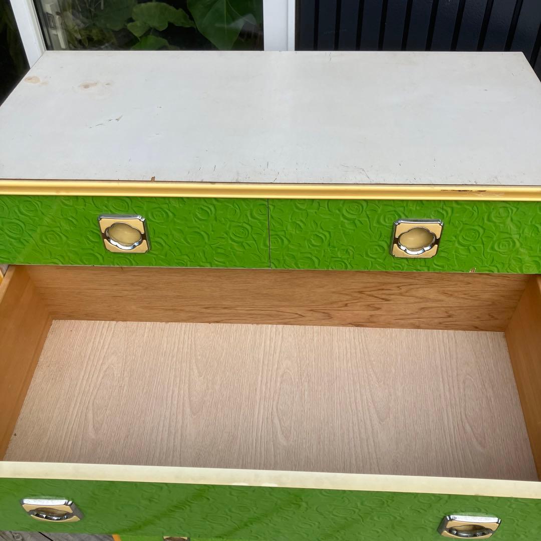 昭和レトロ 薔薇柄 花柄 木製チェスト 6段7杯 タンス 古家具 ビンテージ 緑