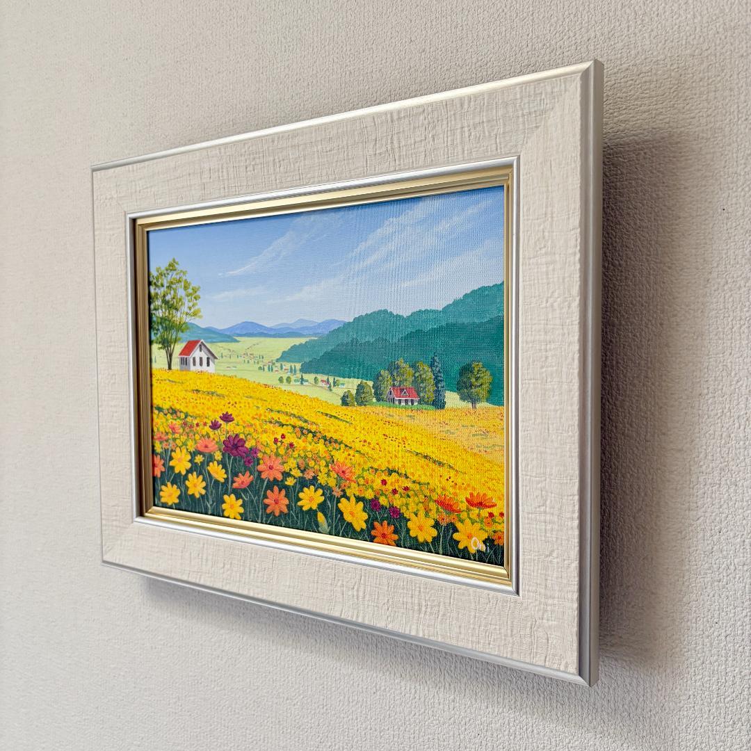 アクリル画　原画　「キバナコスモスのフィールド06」額縁付　F4サイズ　風景画
