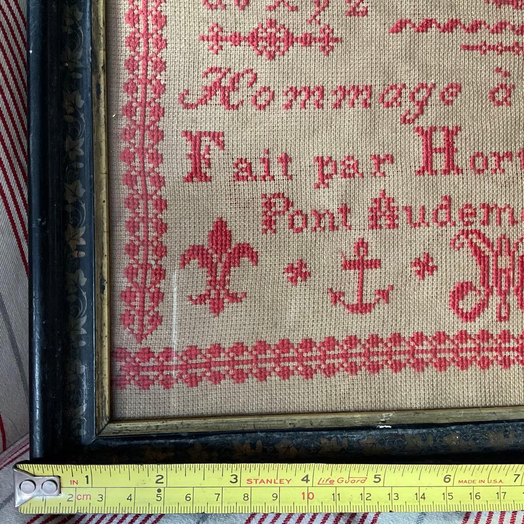 刺繍 フランス アンティーク サンプラー フレーム 1882年 ガラス入り 額装