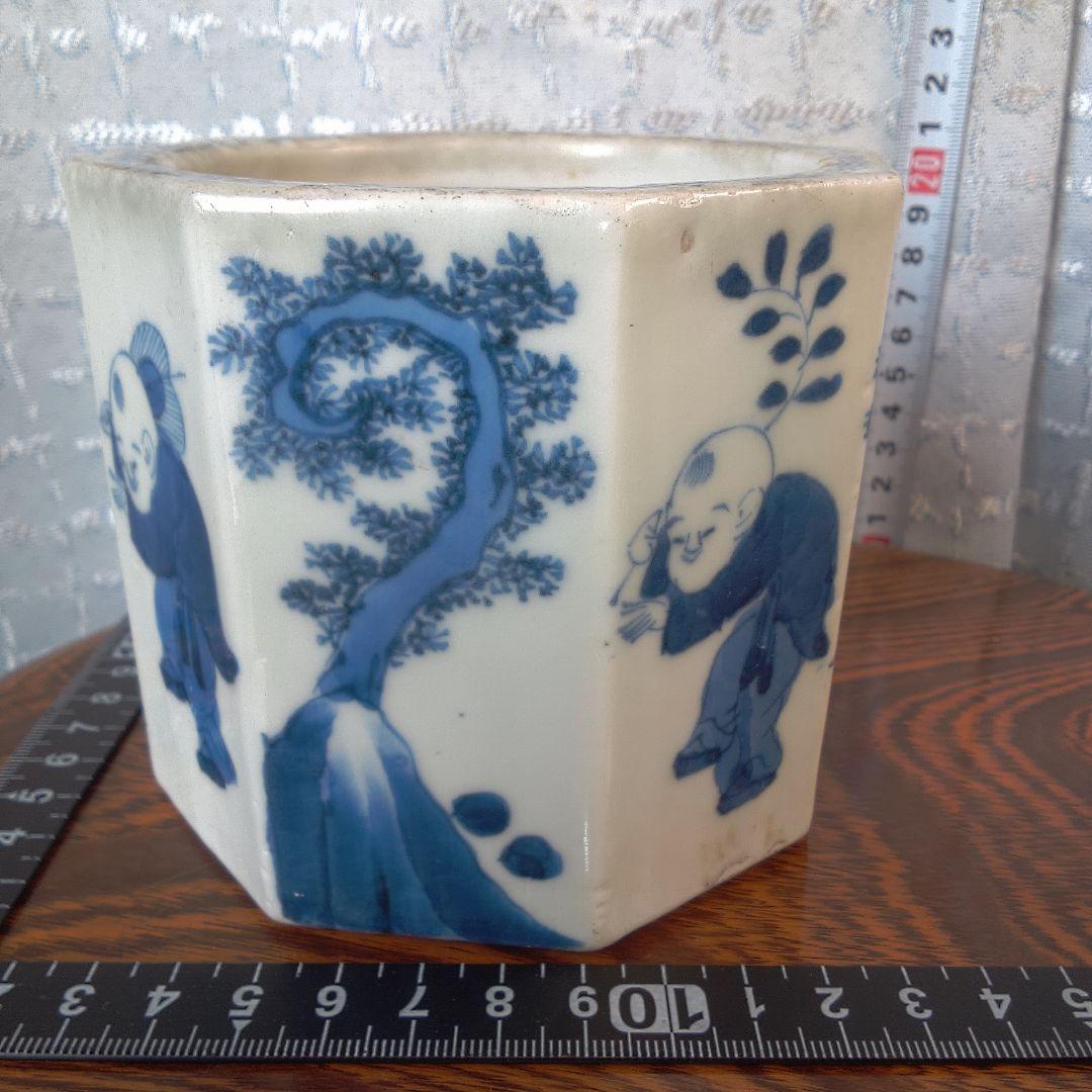 骨董５青い絵柄の八角形陶器鉢