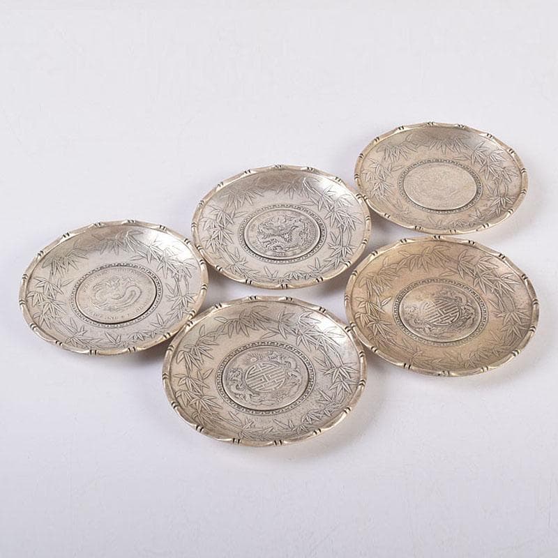 煎茶道具　中華銀幣刻印装飾　龍笹文茶托　五客　壹圓　C　R8917