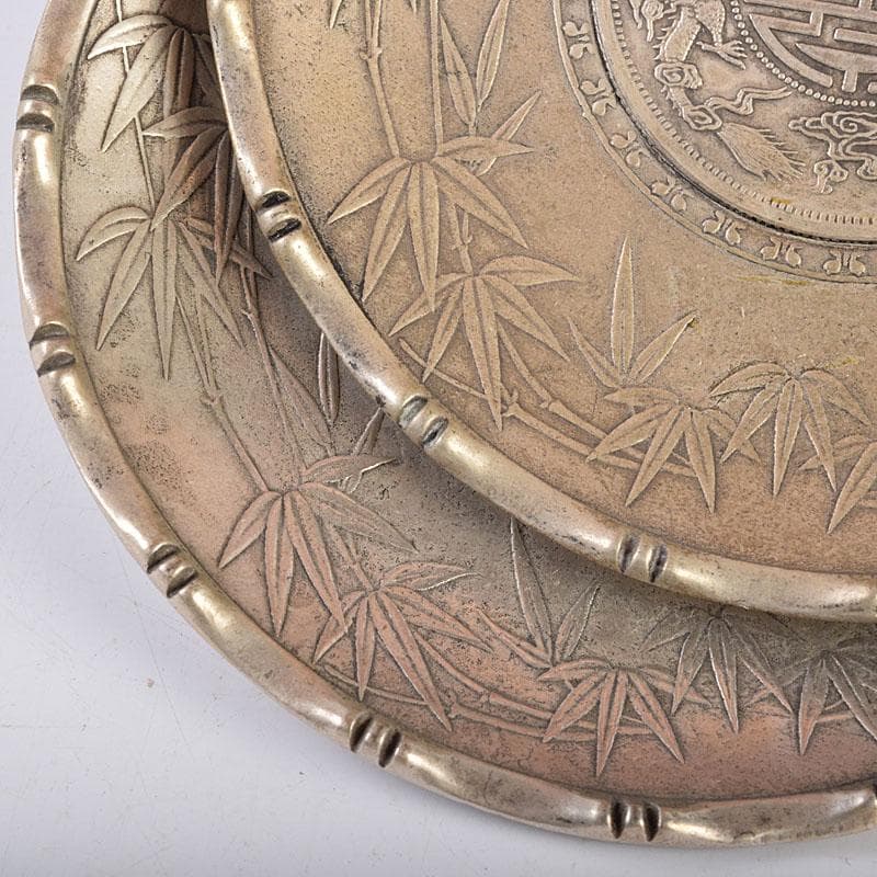 煎茶道具　中華銀幣刻印装飾　龍笹文茶托　五客　壹圓　C　R8917