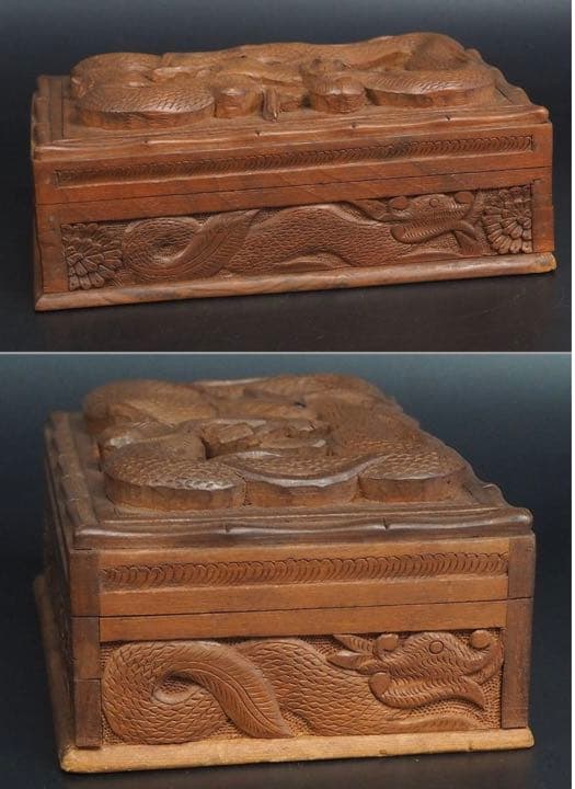 送料無料　時代物　龍彫刻からくり宝石箱　珍品木箱