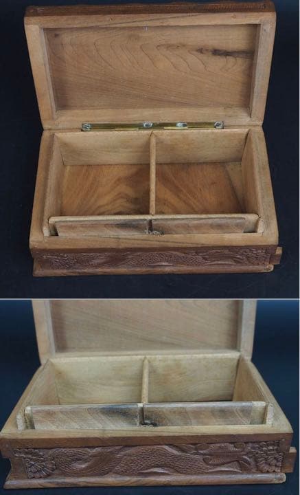 送料無料　時代物　龍彫刻からくり宝石箱　珍品木箱