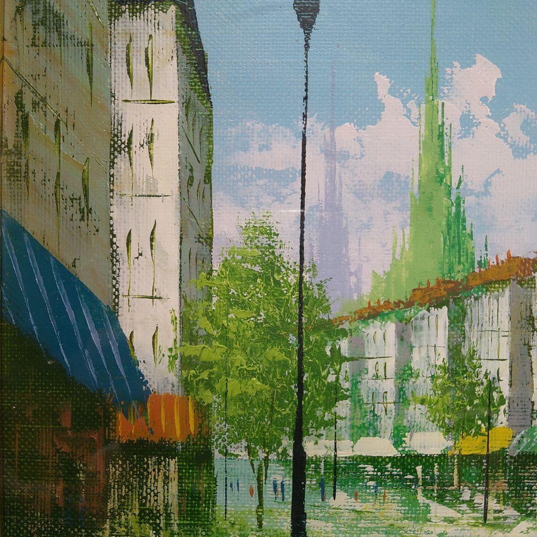 真作保証広瀬和之油絵【塔のある街】パリの街應美会会員人気作家風景画額縁縞黒額装