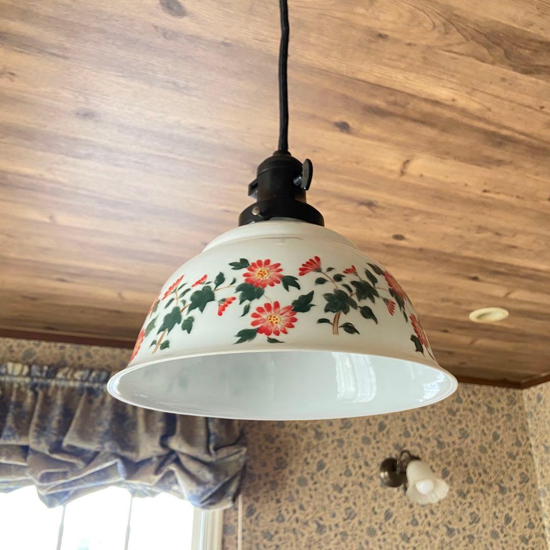 アンティーク照明　電笠　花柄絵付　磁器シェード　ペンダントライト