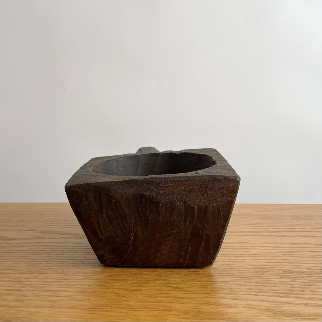 アンティーク 民藝 木工 把手付臼 花器 ブロカント インド FOLK ART