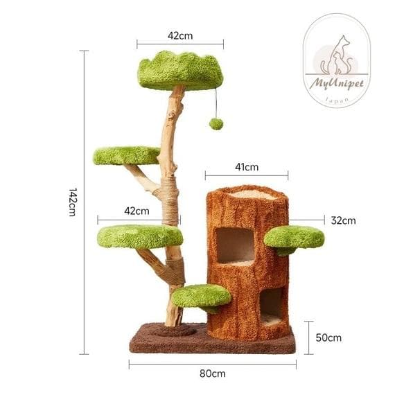 【即発送】ベッド付き天然木無垢材キャットタワー　据え置き型キャットタワー