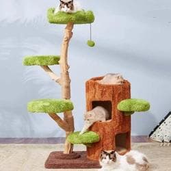 【即発送】ベッド付き天然木無垢材キャットタワー　据え置き型キャットタワー