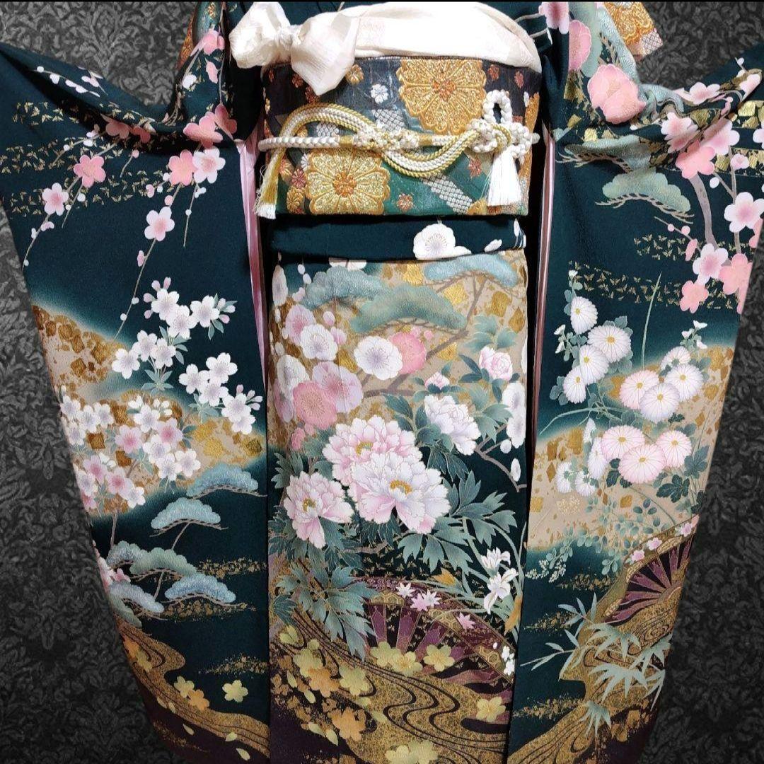 振袖フルセット(7点)・古典柄・金駒刺繍・金彩加工・鹿の子柄・正絹