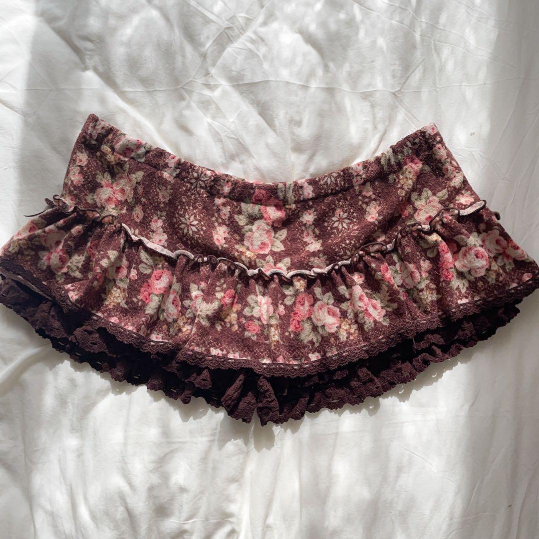 00s 希少 LIZLISA 起毛ブラウンローズリボン 裾フリルスカパン