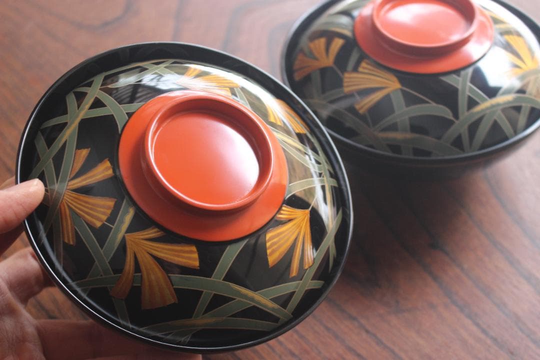 デッドストック！極上ススキ文に優美な内銀雁蒔絵の大椀2点（検輪島塗蒔絵椀雑煮椀