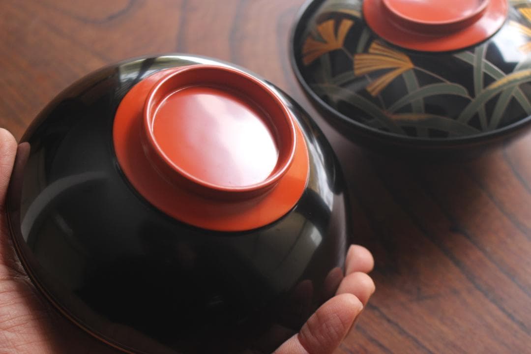 デッドストック！極上ススキ文に優美な内銀雁蒔絵の大椀2点（検輪島塗蒔絵椀雑煮椀