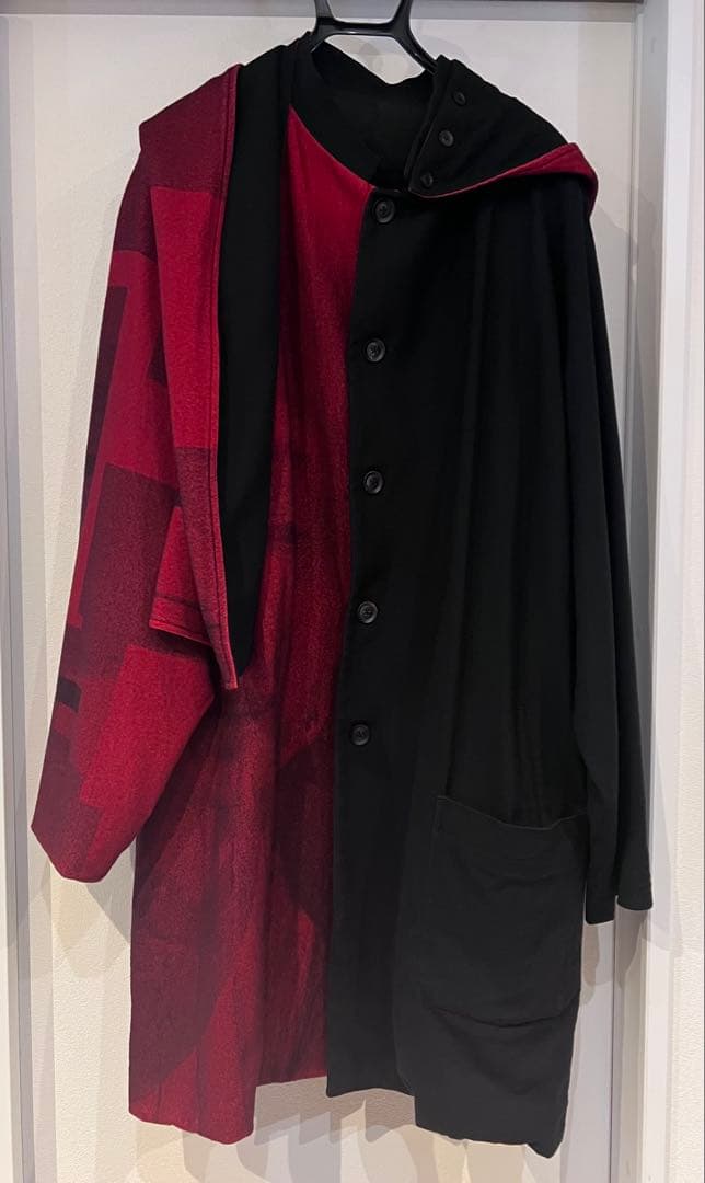 ヨウジヤマモトプールオム 18AW 赤フラノストールフード付ドレスコート