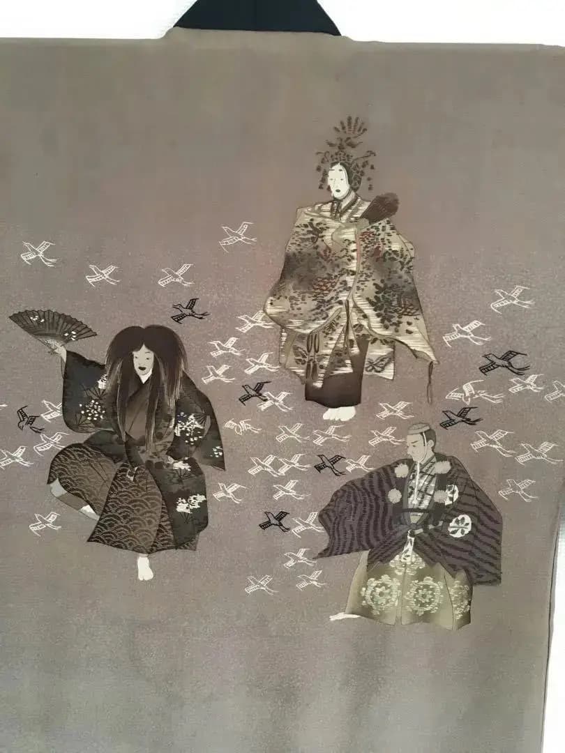 能楽図絵 能舞 羽衣他 男物長襦袢 正絹 美しき日本の古布 古裂骨董アンティーク