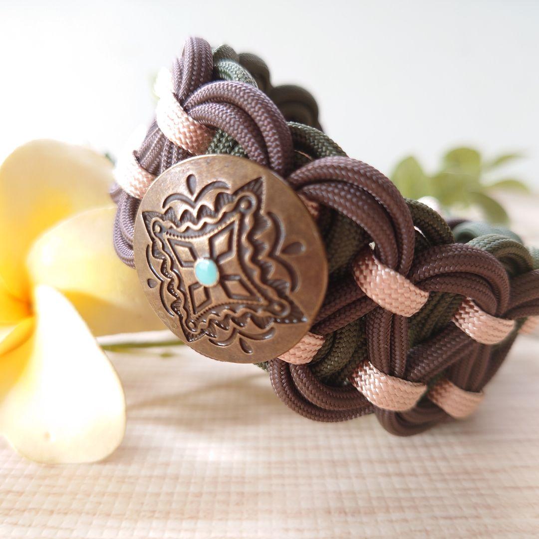 パラコード首輪　ハーフチョーク　秋カラー　オリーブ＆ブラウン　コンチョ付№101