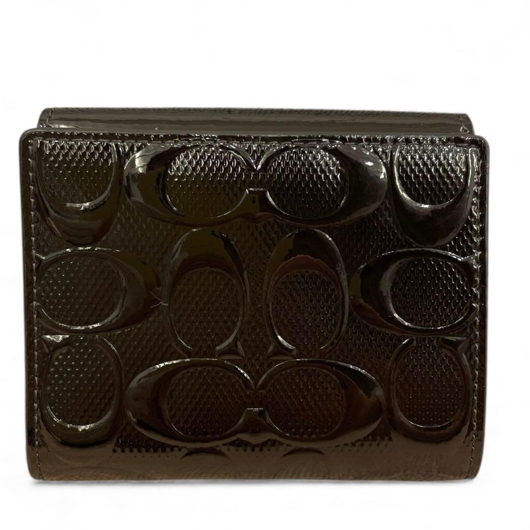 【未使用級】COACH 二つ折り財布 パテントレザー シグネチャー ブラック 黒