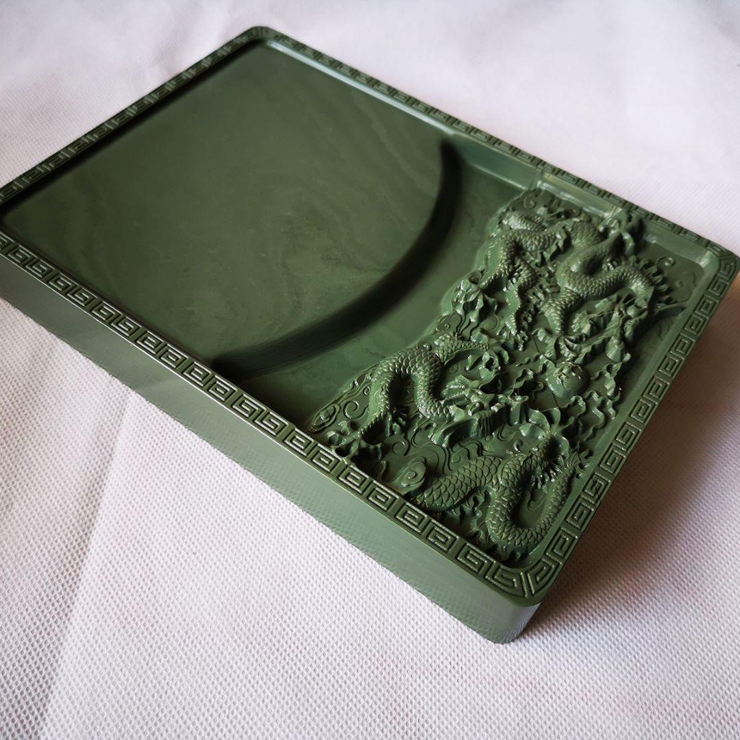 硯 松花硯 二龍戯珠硯 書道具 文房具 工芸品 美術品 置物