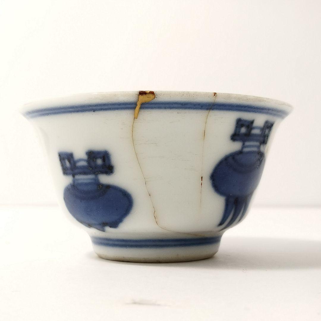 M184-5　古伊万里古染付 時代煎茶碗 五客 在銘印有 中国香道具図 唐物　D