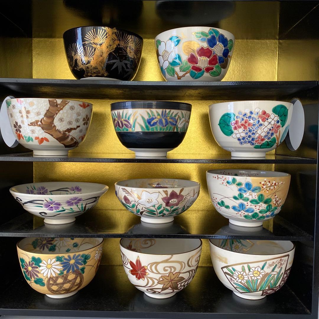 絵付抹茶茶碗（萬葉四季花）清水焼・岩崎起久雄絵付