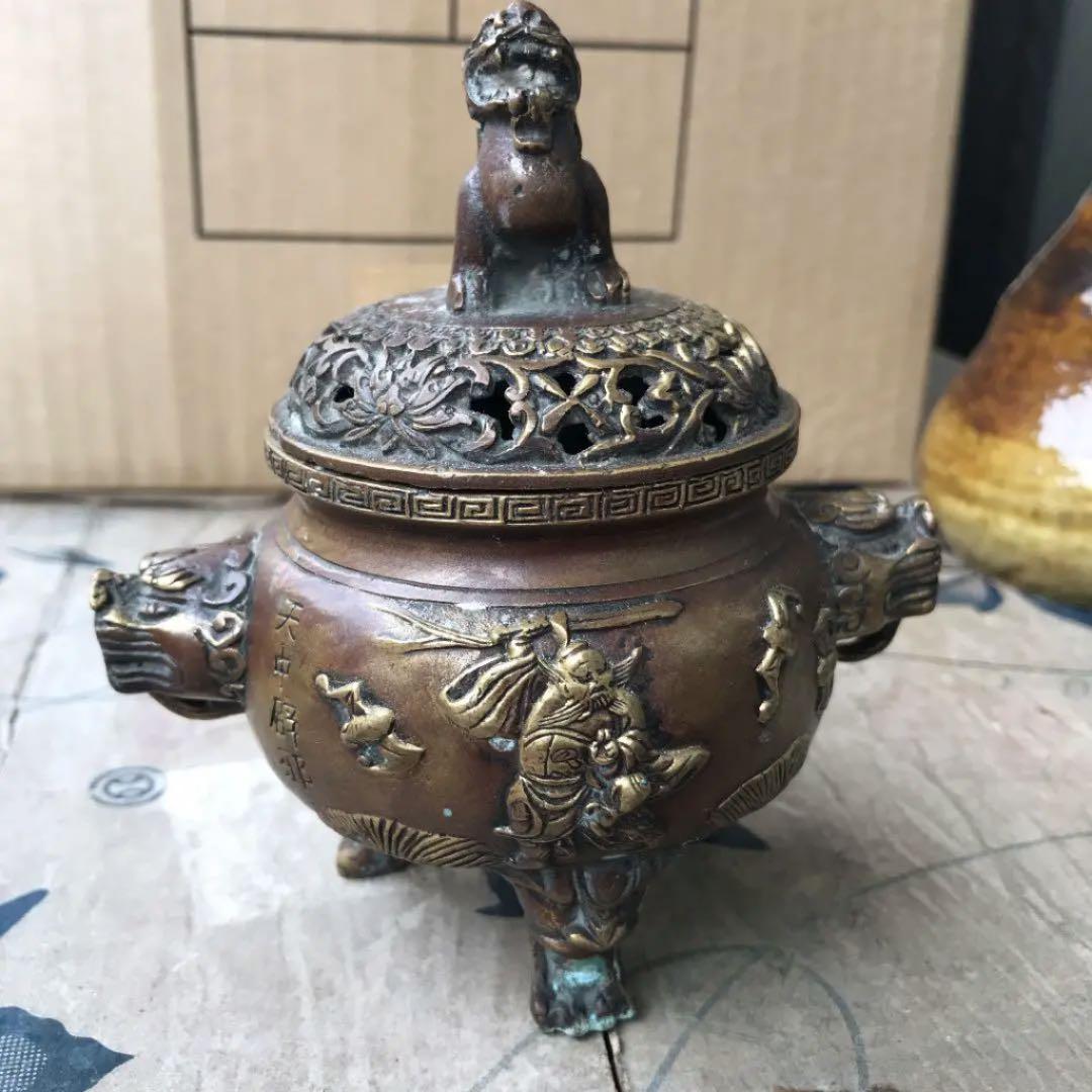 中国 骨董 銅香炉 獅子 野獣足 時代物 「大明宣徳」刻印