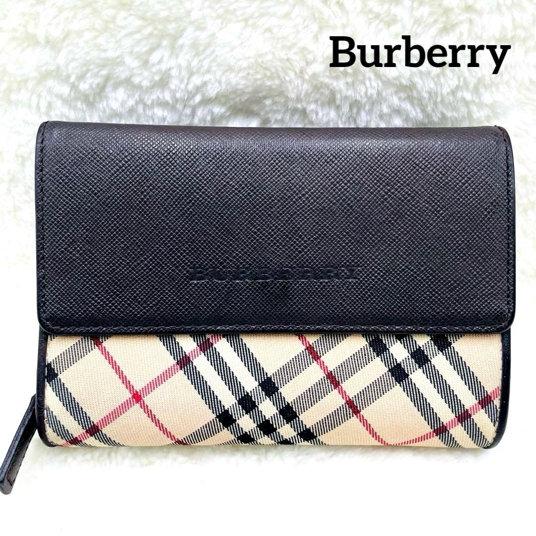 美品 Burberry バーバリー 三つ折り 財布 ノバチェック キャンバス