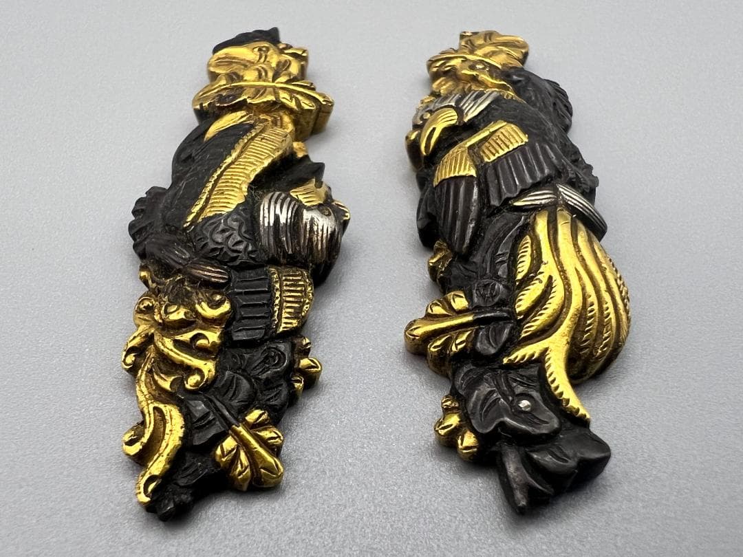 【海】江戸明治金工　鳳凰山水図　金目　手彫　目貫　４点　金銀象嵌　骨董品　元箱付